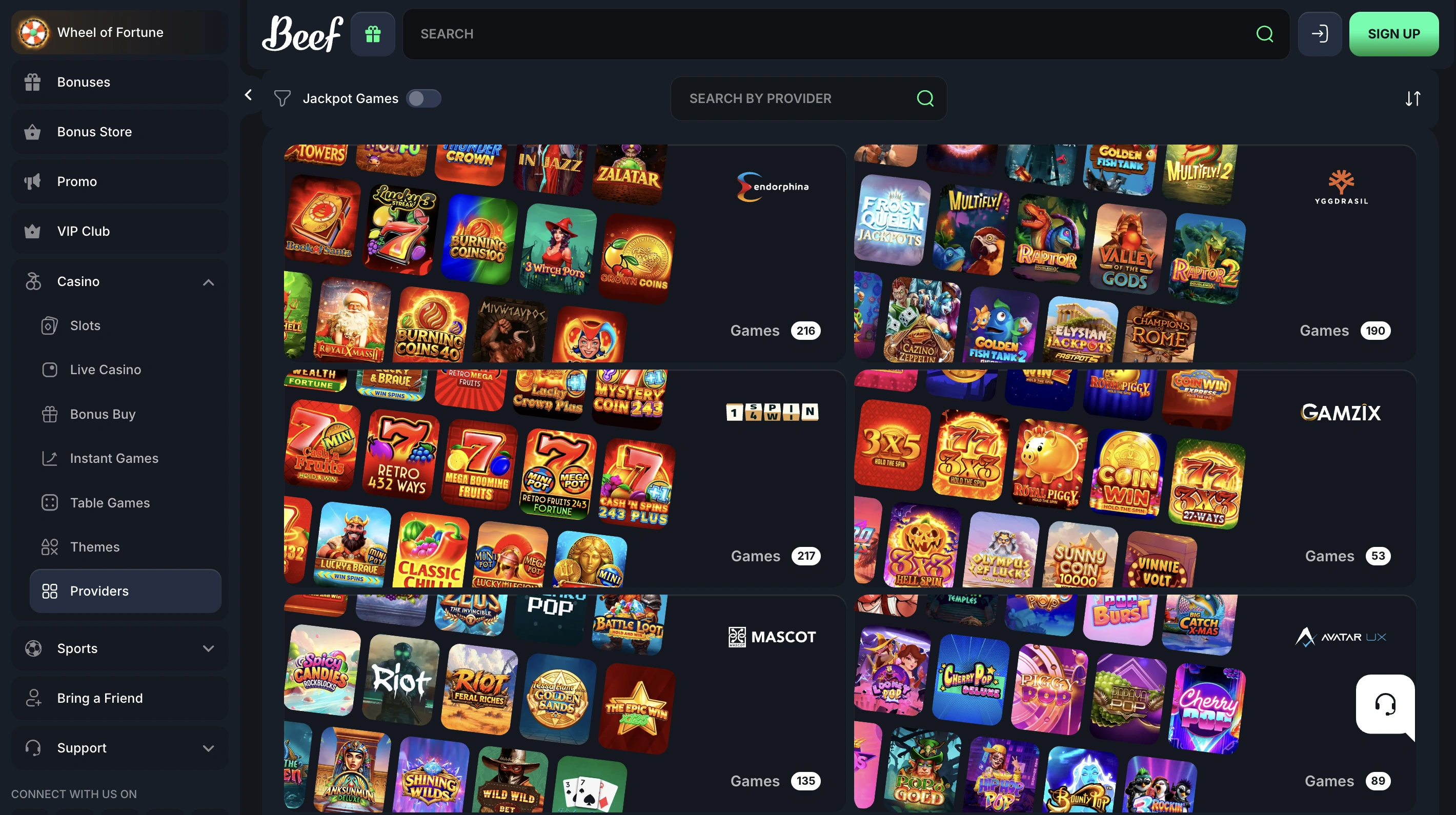 Beef Casino fejlesztői stúdiók és szolgáltatók listája