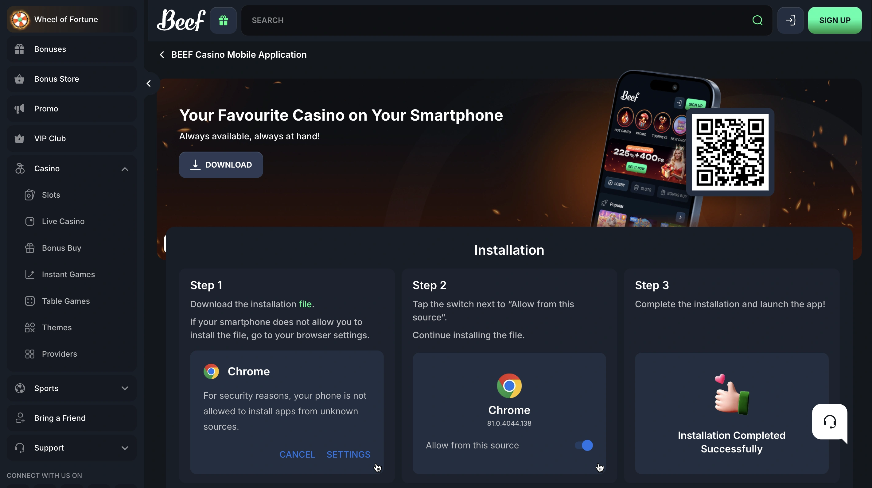 Beef Casino mobilhasználat és PWA telepítés